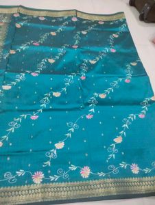 Teal Floral Silk Saree