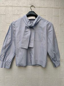 New with tag Korean Chic Blue Bow Tie Neck Blouse