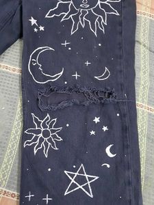 Women Black Jeans Hand-Painted Sun &amp; Moon