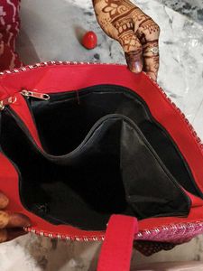 Red Tote Bag with Cute Bear Patch