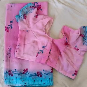 Pink Printed Saree With Billouse For Women