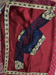 Elegant Maroon &amp; Navy Embroidered Saree