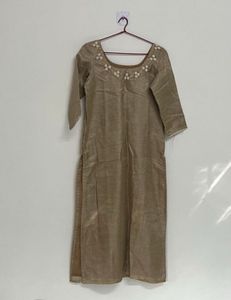 Elegant Beige Kurta with Floral Neckline