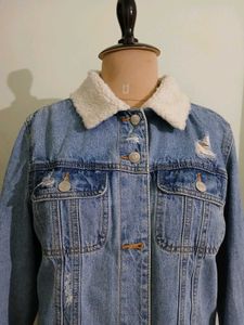 Distressed Denim Jacket with Sherpa Collar