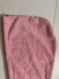 Pink Hair towel with teddy bear button