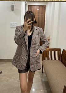 BROWN PLAID SINGLE BREASTED BLAZER