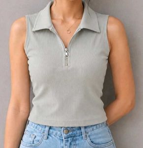 Grey Ribbed Zip Neck Sleeveless Top