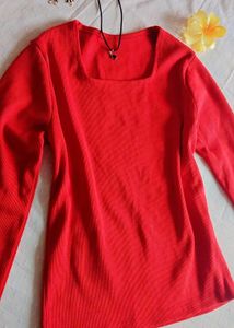 Vibrant Red Ribbed Square Neck Top