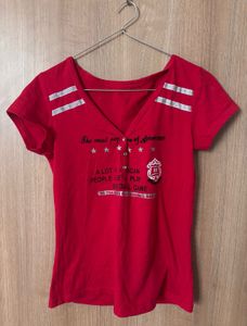Red V-Neck Graphic T-Shirt