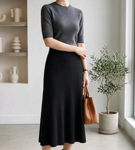 Black Ribbed Midi Skirt