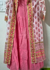 Pink Kurta Set with Printed Jacket