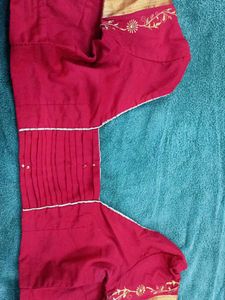 Red Stitched Blouse With Golden Zari
