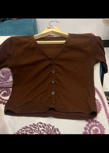 retro Brown Ribbed V-Neck full sleeve crop Top