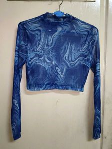 Blue Swirl Mesh Long Sleeve Crop Top