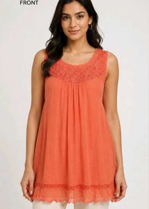 Coral Lace Trim Sleeveless Tunic