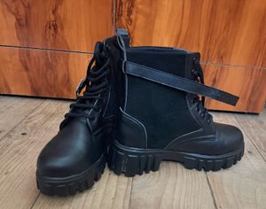 Black Chunky Sole Lace-Up Boots