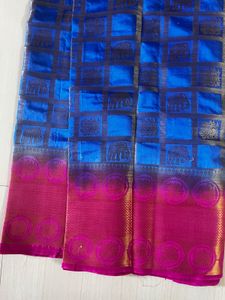 Royal Blue &amp; Pink Silk Saree with Elephant Motif