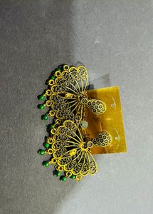 Gold Peacock Earrings with Green Beads