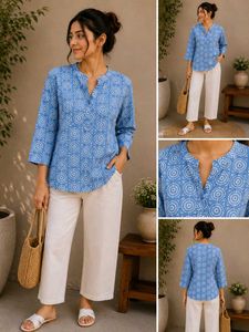 Blue Printed Mandarin Collar Cotton Top