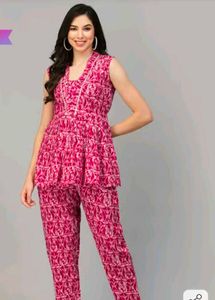 Vibrant Pink Printed Cord set in XL size