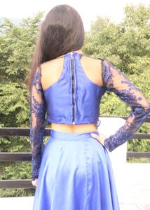 Blue Satin Skirt With Embroidered Blouse