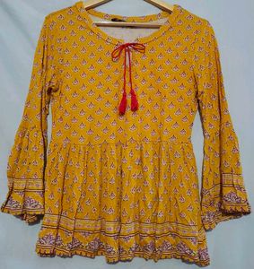 Yellow Printed Peplum Kurti with Bell Sleeves