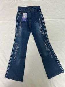 Embellished Flare Jeans with Side Stripe