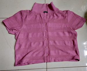 Pink Knitted Button-Down Top