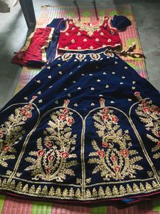 Red Velvet Blouse with Blue Sleeves