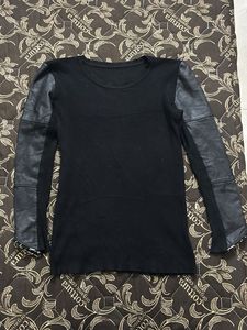 Chic Black Top with Faux Leather Sleeves