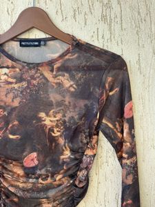 Sheer Mesh Ruched Long Sleeve Top