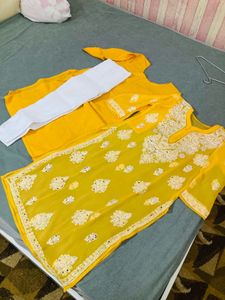 lucknawi chikenkari Yellow Embroidered Kurta Set