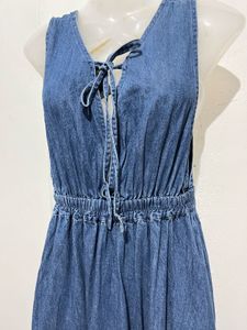 Denim Midi Dress with Tie Neck
