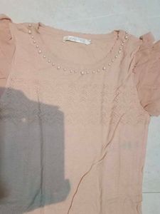 Beige Beaded Short Sleeve Top