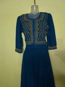 Elegant Blue Embroidered Gown with Jacket