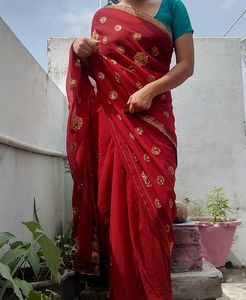Embroidered Red Saree  with blause