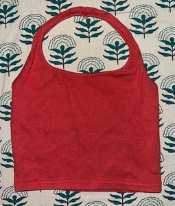 Red Ribbed Halter Neck Crop Top