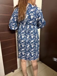 Blue Floral Twist Front Cutout Dress