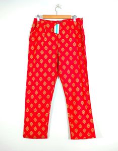 Red With Gold Ethnic Print Kurta Pants (Women's)