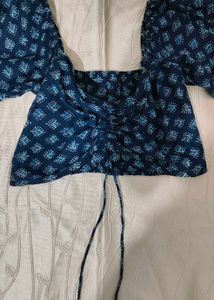 Blue Floral Print Smocked Crop Top