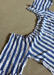 Blue and White Striped Off-Shoulder Top