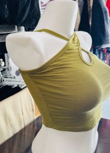 Olive Ribbed Crisscross Halter Top