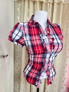 Red Plaid Ruffled Button-Up Shirt