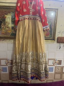 Red &amp; Gold Embroidered Anarkali Dress