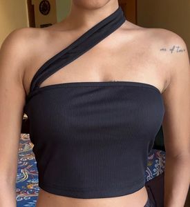 Black Ribbed One-Shoulder Crop Top