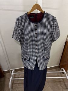Navy Blue &amp; White houndstooth Pleat Dress