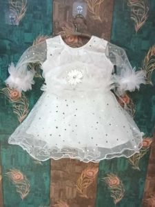 Girls White Star Print Net Frock with Ruffle Sleev