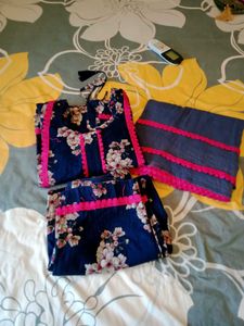 Navy Floral Kurta Set with Pink Trim