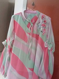 Sheer Striped Tie-Neck Blouse with Floral Applique