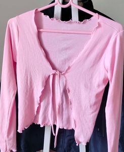 Cute Pink Tie-Front Ribbed Top